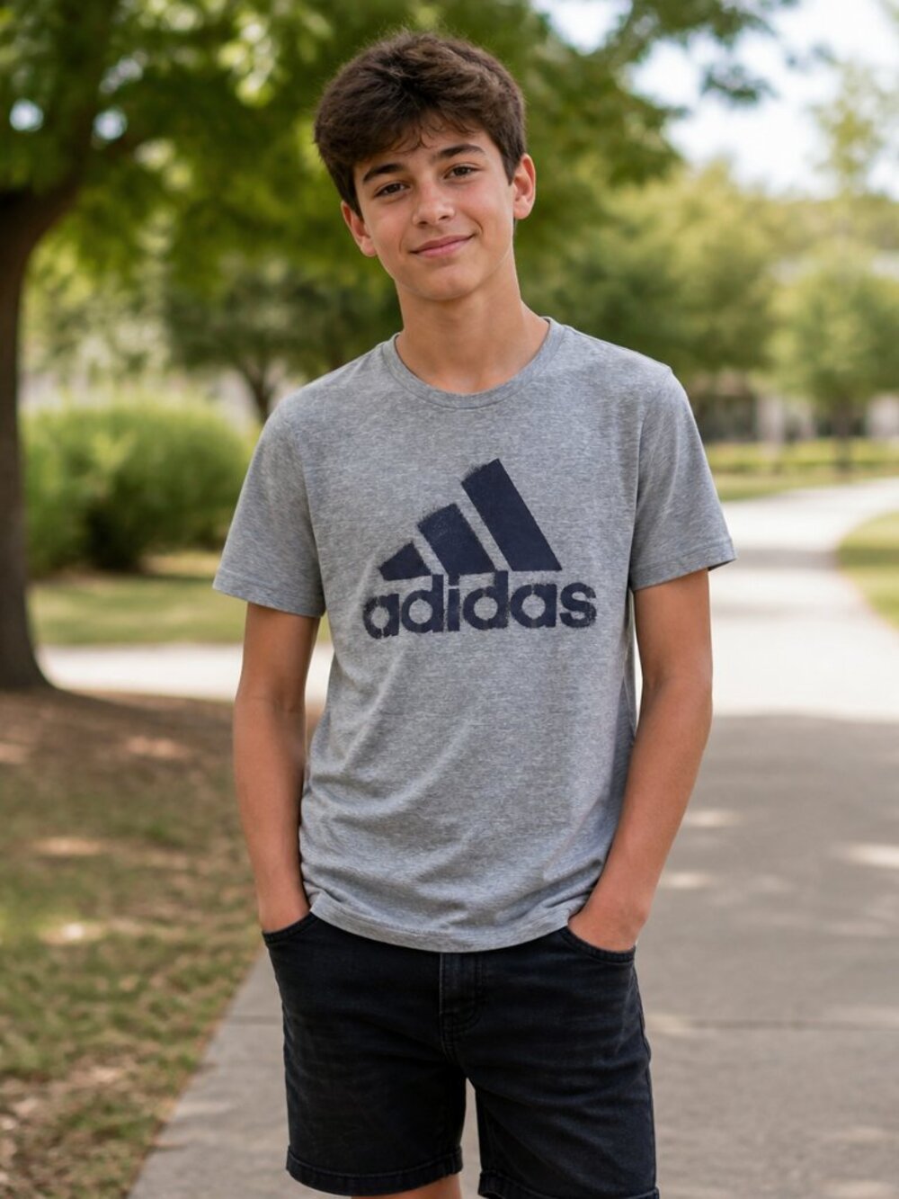 Adidas Boys Gray Heather Navy Logo Athletic T-Shirt | Size L 14/16